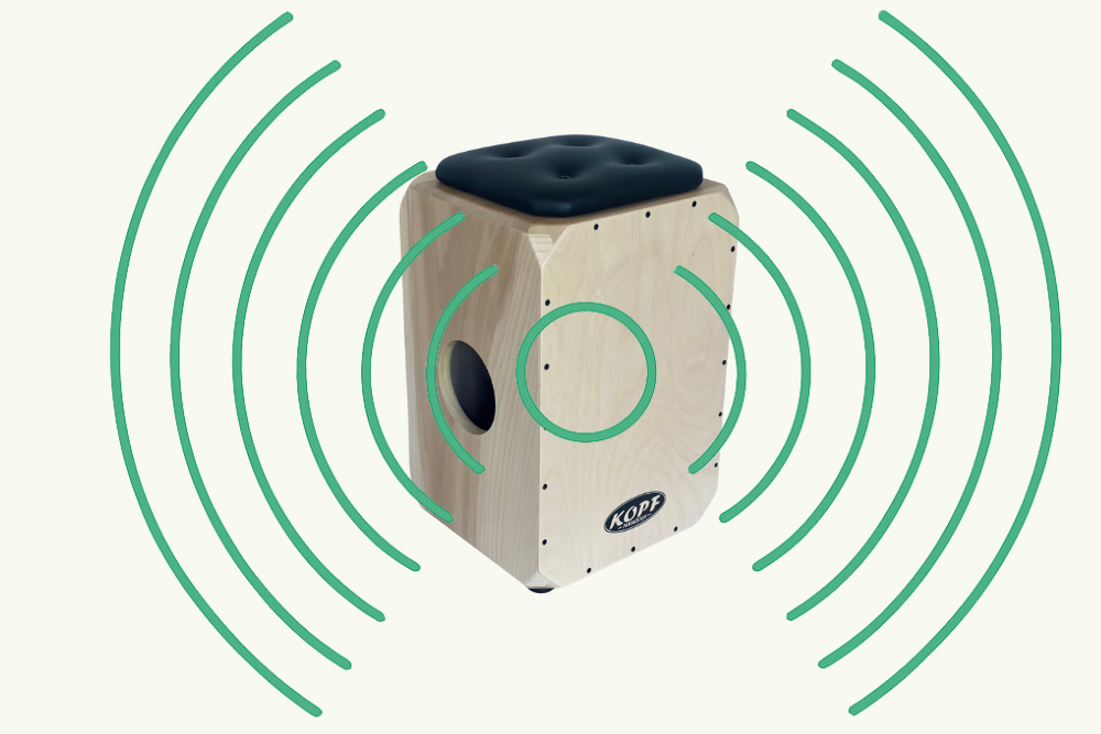 Minimalist illustration of sound waves radiating from a central point, representing how vibrations travel outward from a cajón during play.