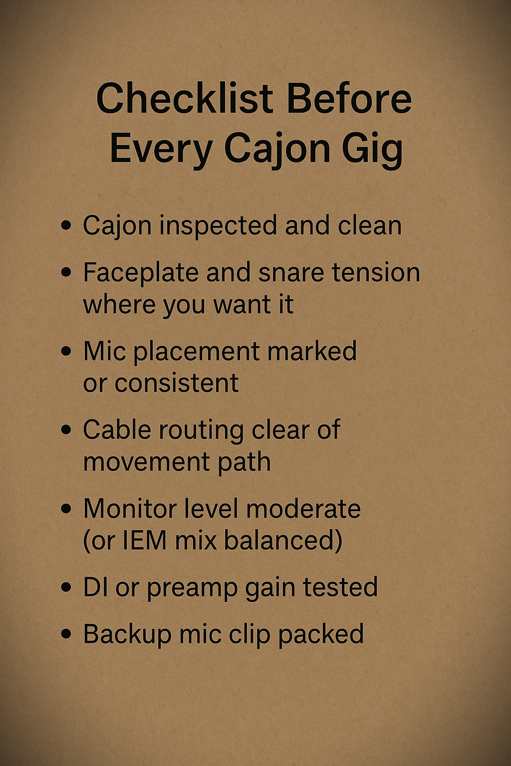 Cajon Performance Setup Checklist – Kopf Percussion A top-down image of a minimalist cajon performance setup featuring a handcrafted Kopf Percussion cajon, microphones, in-ear monitors, and essential gear arranged neatly before a show. The image represents organized preparation and attention to detail for live acoustic performances.
