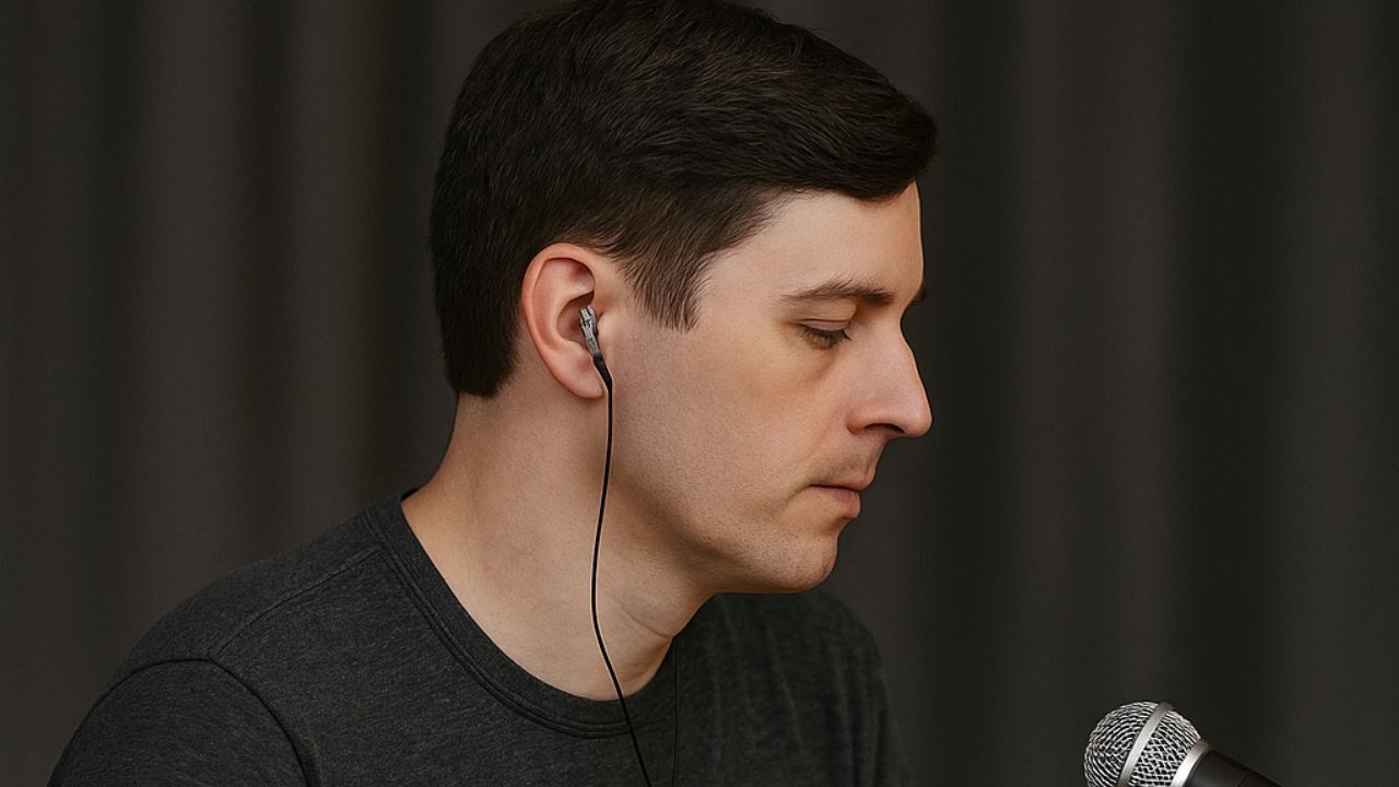 Cajon Player Using In-Ear Monitors – Kopf Percussion Close-up image of a musician wearing in-ear monitors while performing with a Kopf Percussion cajon. A microphone is positioned in front, capturing a natural acoustic tone. The photo highlights the clarity and control that in-ear monitoring provides in a live acoustic setup.