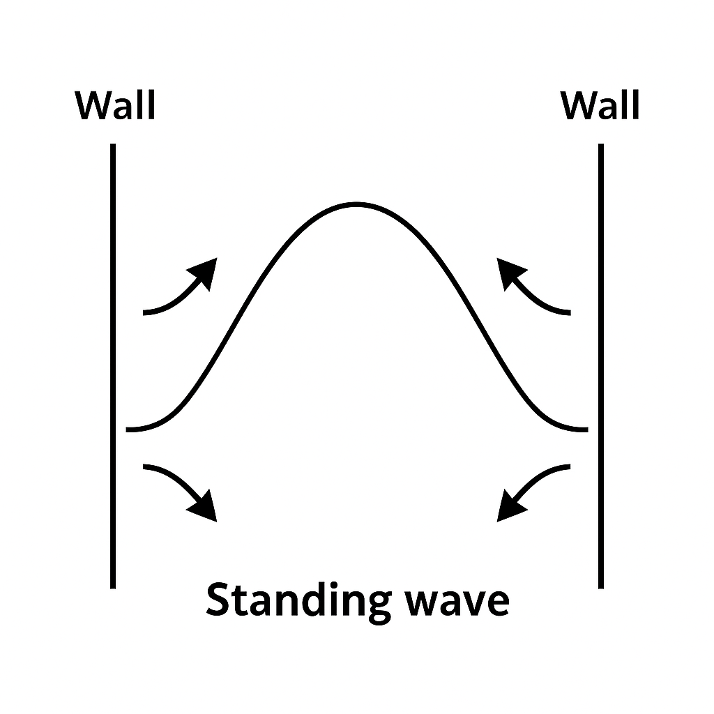Black-and-white diagram showing a standing wave forming between two parallel walls, illustrating how reflected sound waves reinforce specific frequencies inside a drum shell.