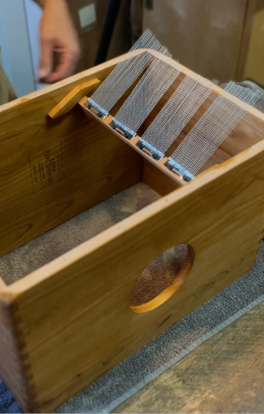 Interior view of a handcrafted snare cajon showing coiled snare wires mounted horizontally across the back of the tapa inside a wooden body.