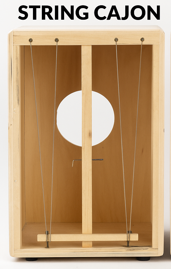 Interior view of a string cajon showing thin guitar strings stretched diagonally against the inside of the tapa, mounted to a light wood frame with a circular sound hole.