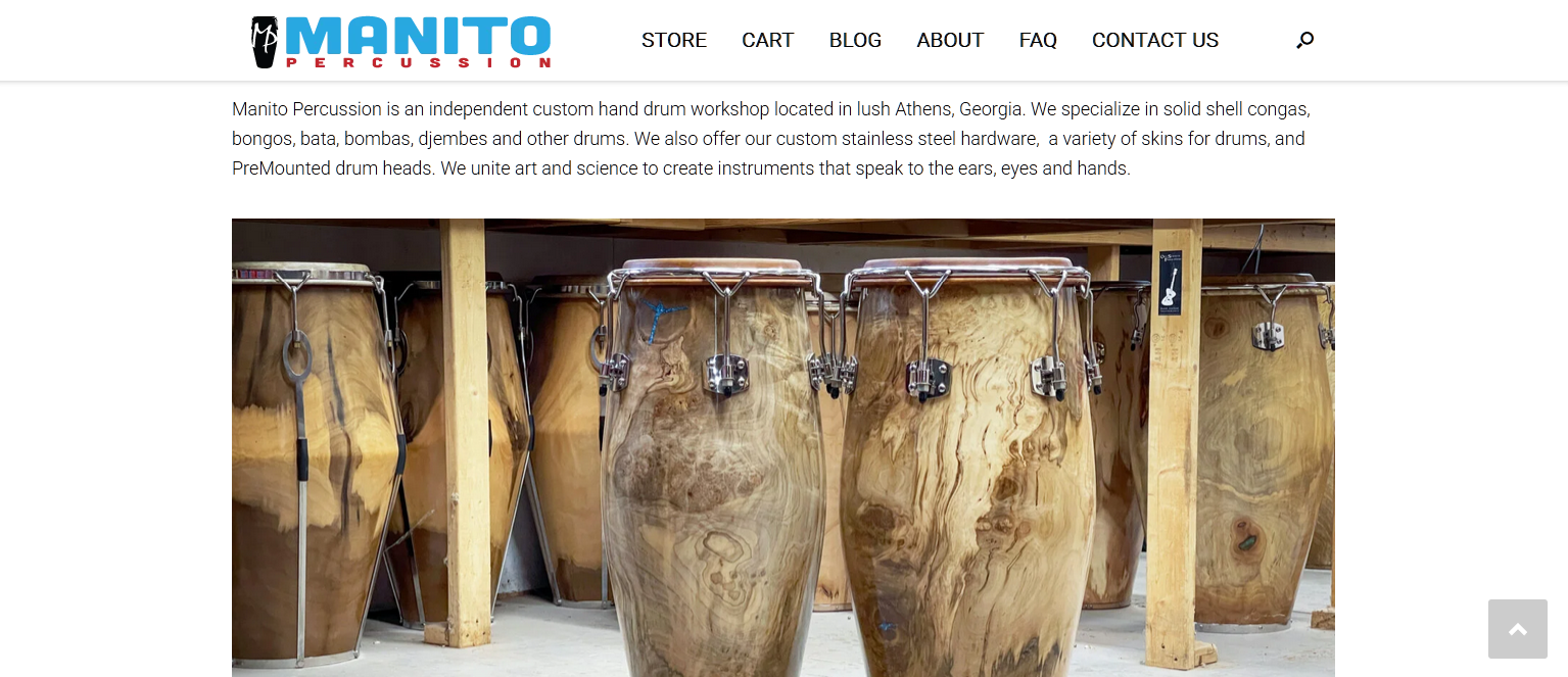 Screenshot of the Manito Percussion website showcasint handcrafted percussion instruments