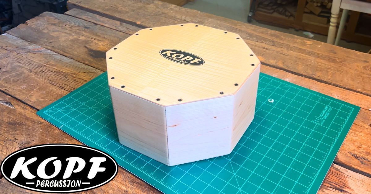 Handcrafted maple octagon snare cajon built at Kopf Percussion, shown prior to final setup.