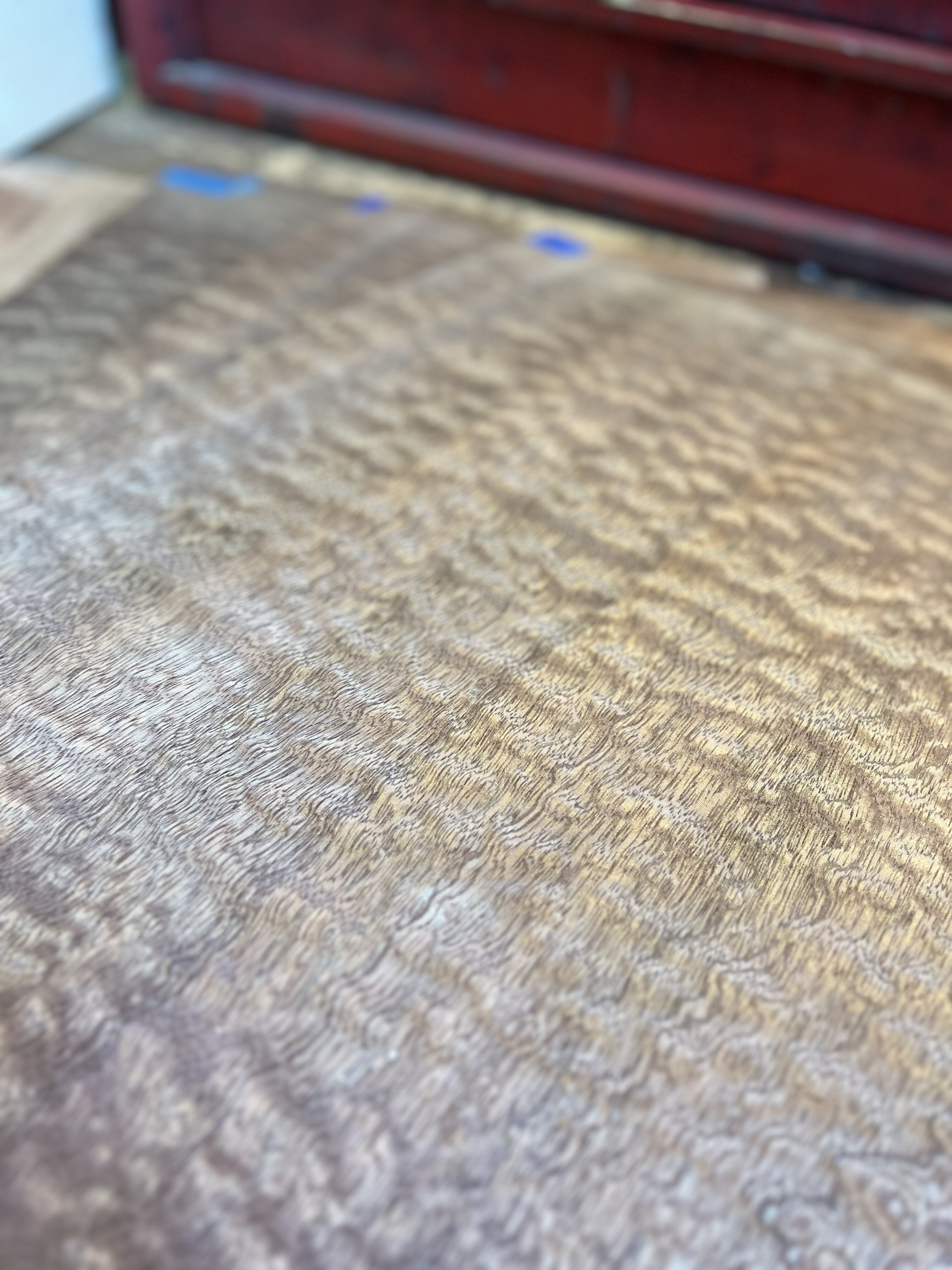 Unfinished Pomelle Sapele veneer sheet before sanding or sealing, showing natural figure and texture.