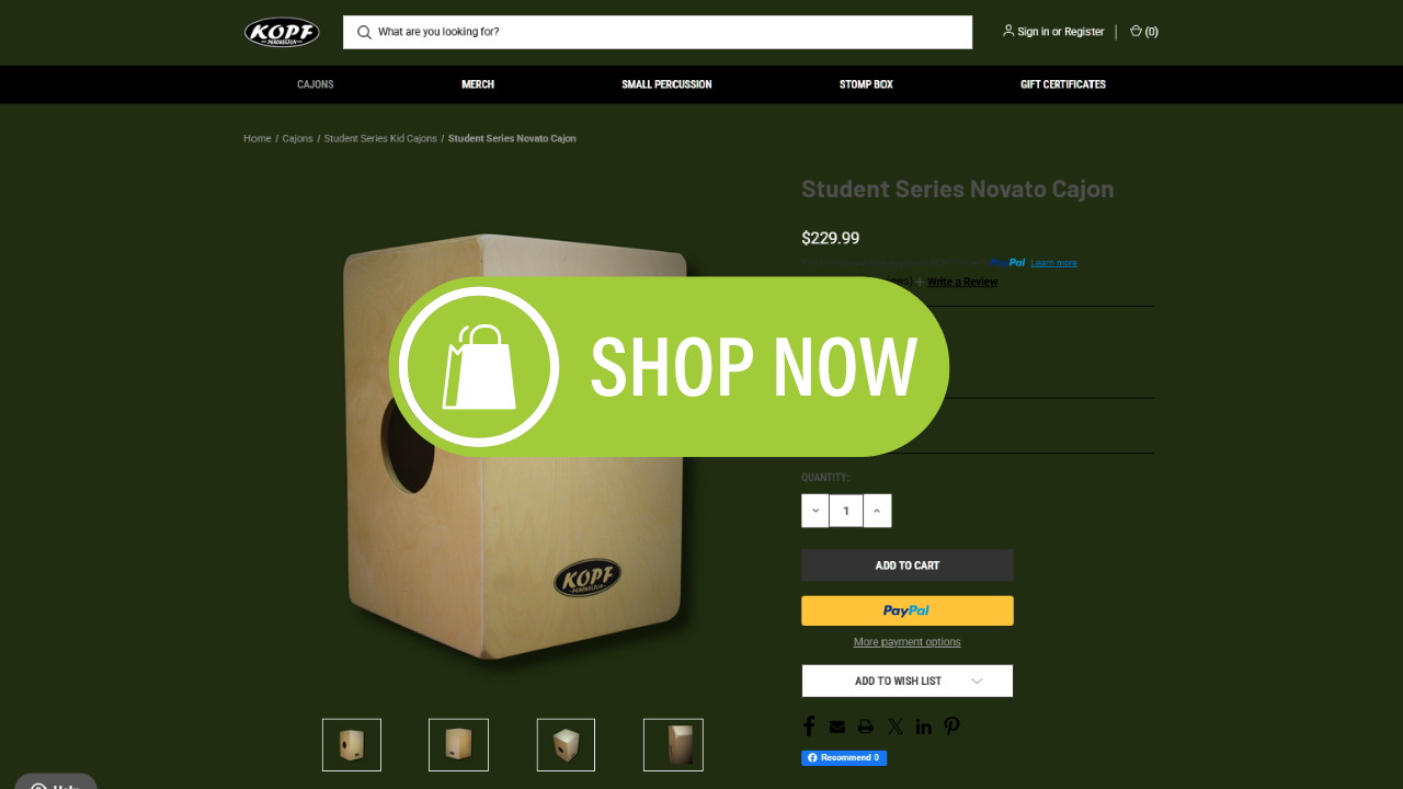  Clickable image linking to the Novato Cajon product page on the Kopf Percussion website. Features a “Shop Now” button and a preview of the drum’s details.