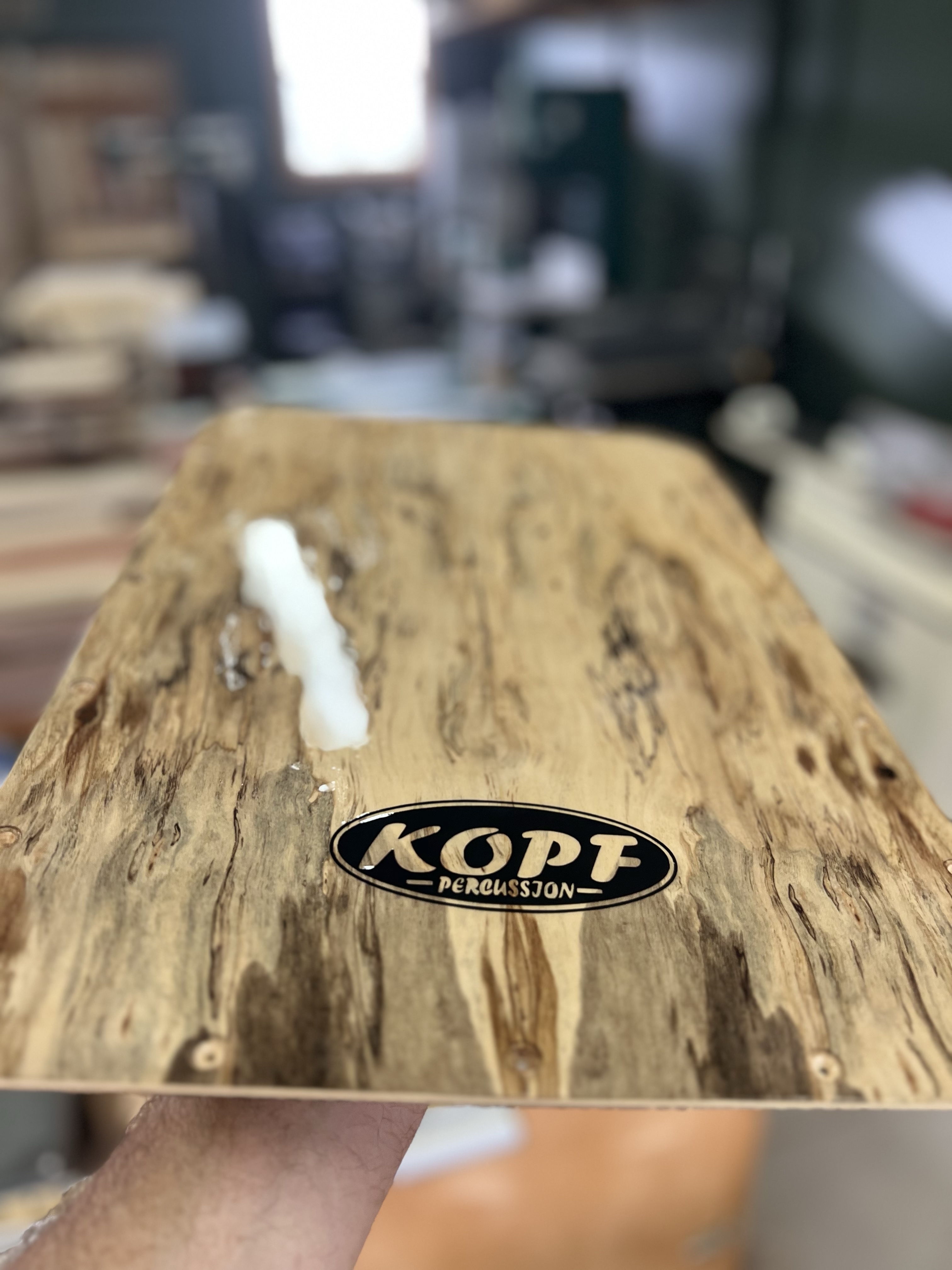 Handcrafted spalted maple cajon faceplate held to the light after clearcoat, highlighting the unique spalting patterns and depth of the wood grain.