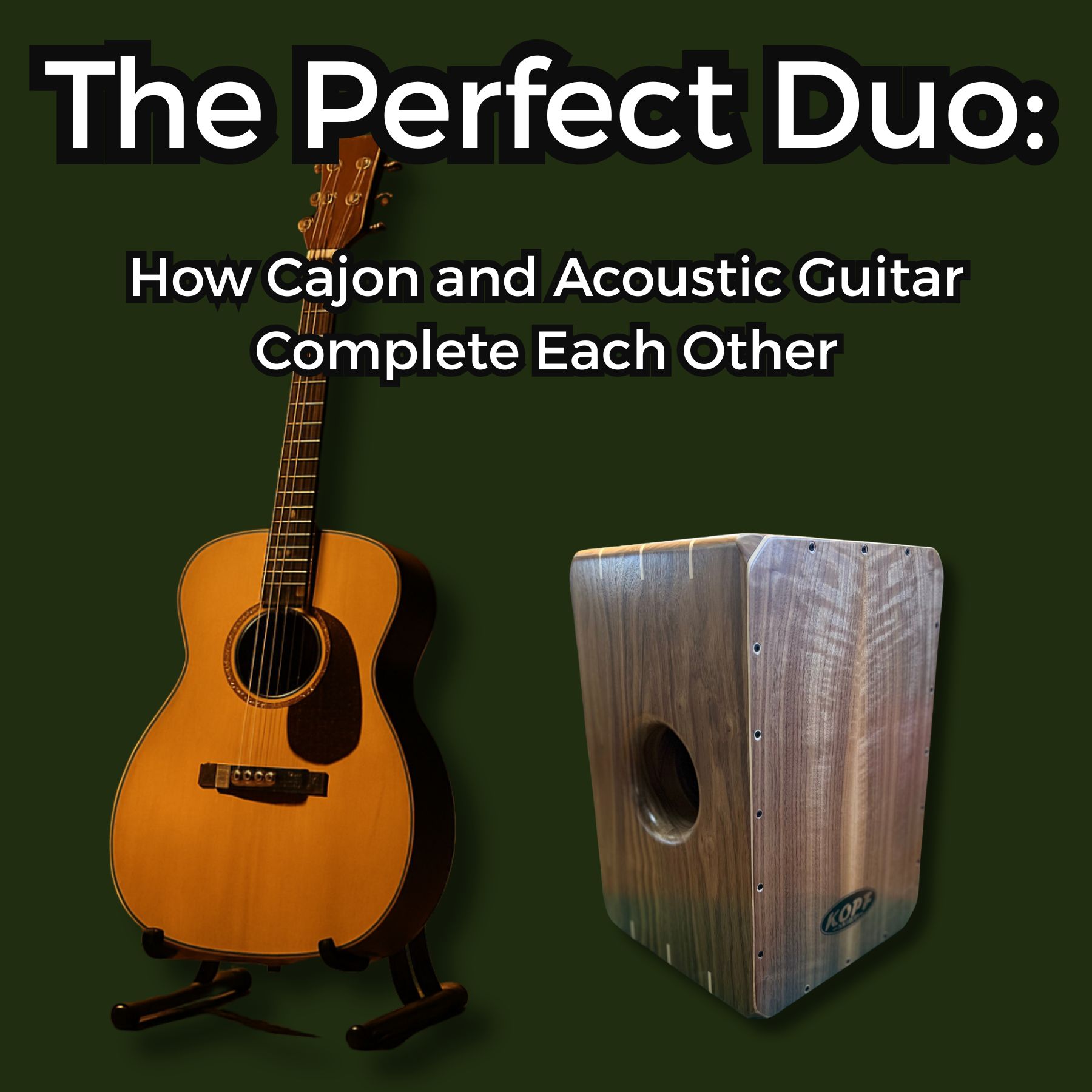 An acoustic guitar and cajon side by side in the Kopf Percussion studio — a visual representation of how these instruments naturally complete each other