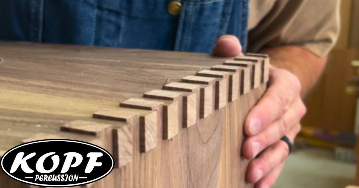 Dryfitting box joint joinery on a walnut cajon panel during the hand-built construction process at Kopf Percussion.